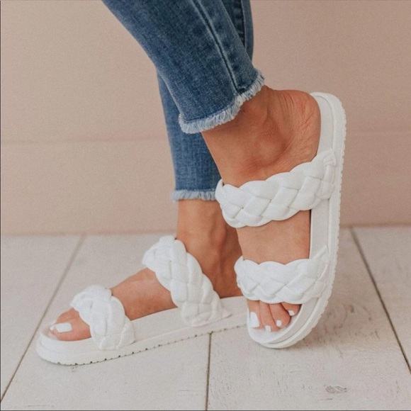 NEW White Braided Double Straps Slip On Platform Slides Slipper Sandals Shoes - Picture 11 of 13